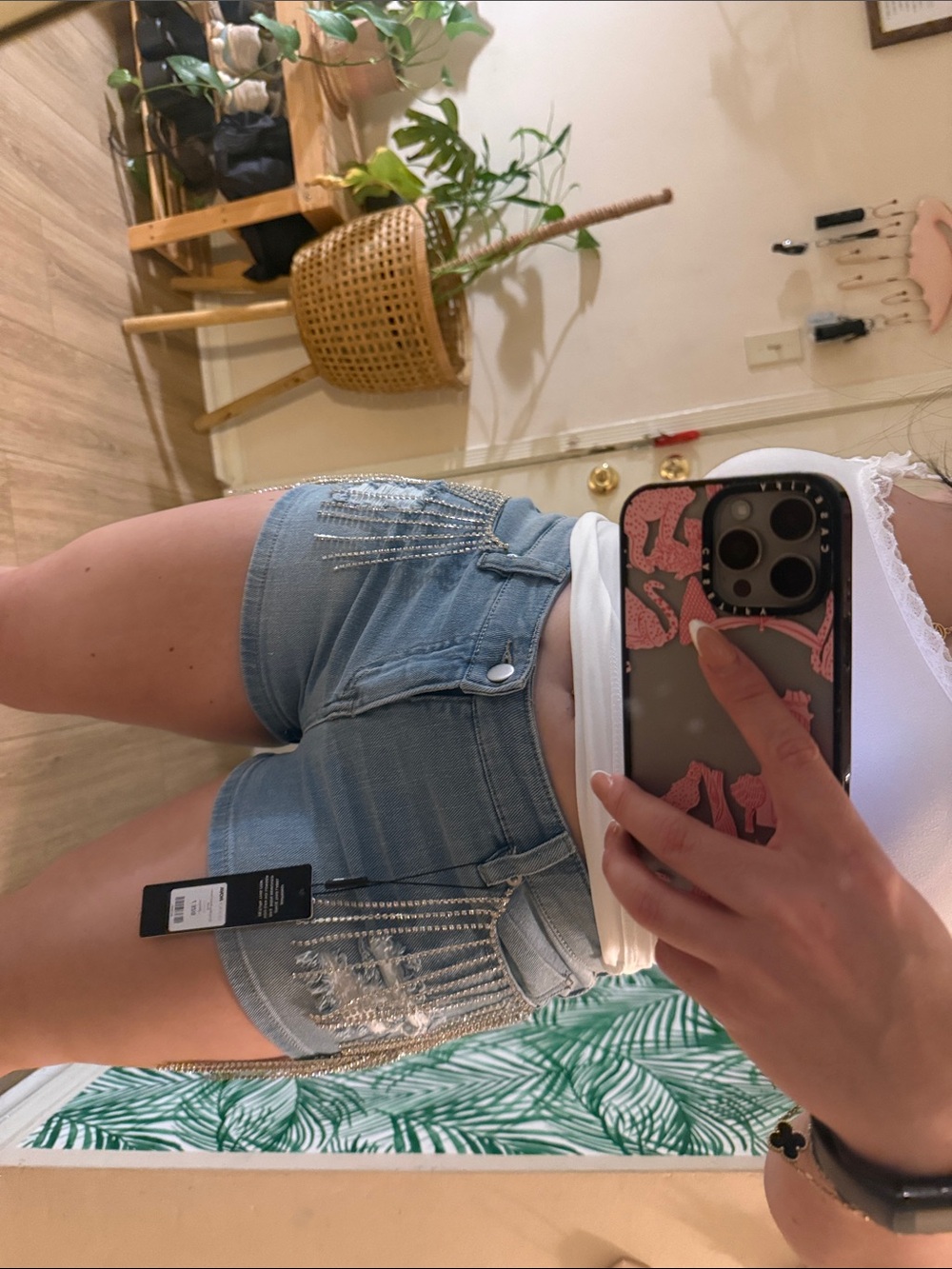 Fashion Nova Light Blue Rhinestone Fringe Denim Shorts